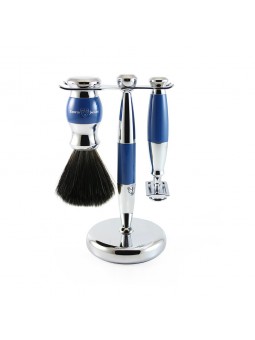 Set Safety razor, shaving brush synthetic fibre and stand blue