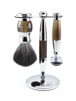 Set Safety razor, shaving brush synthetic fibre and stand horn