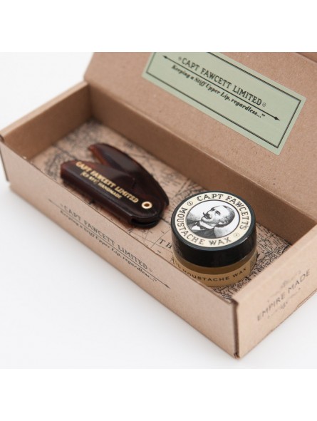 Estuche Cera Bigote Sándalo Extra Fuerte & Peine Captain Fawcett