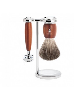 Shaving set of MÜHLE, pure badger, with safety razor, handle material made of plum wood